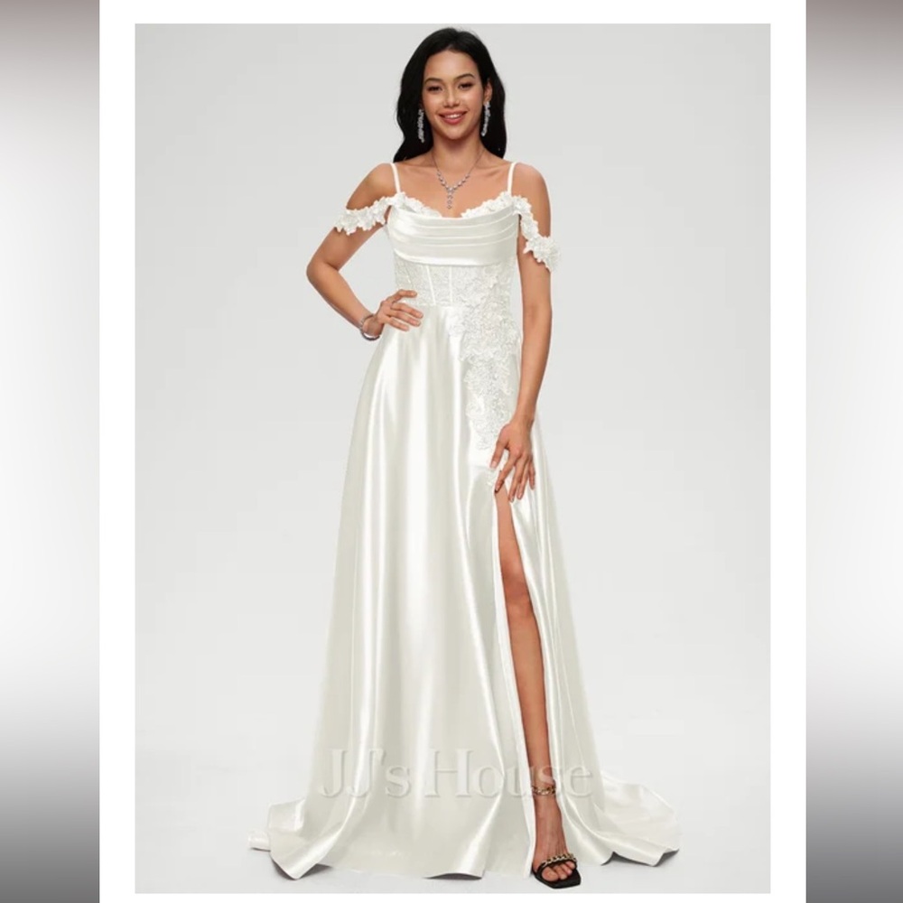 A-line Cold Shoulder Sweep Train Satin Prom wedding Dress With Rhinestone
